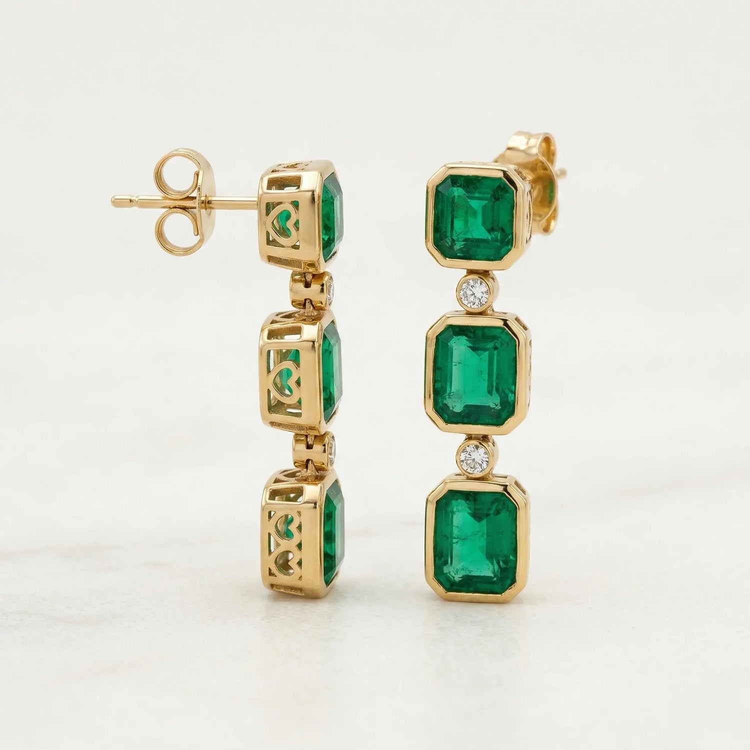 18K Yellow Gold Emerald Diamond Linear Drop Earrings