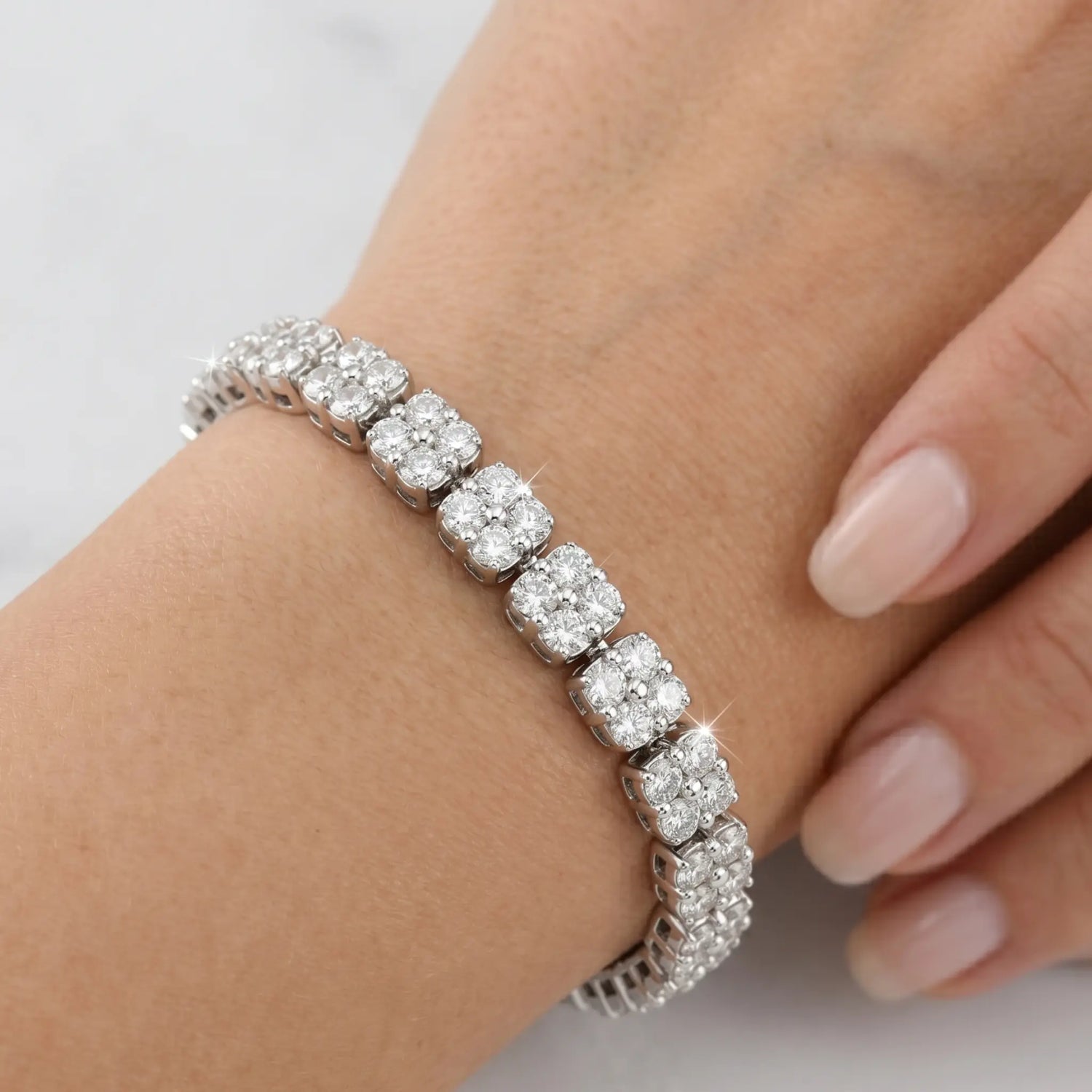 14K White Gold Square Cluster Diamond Tennis Bracelet – 5.35ctw