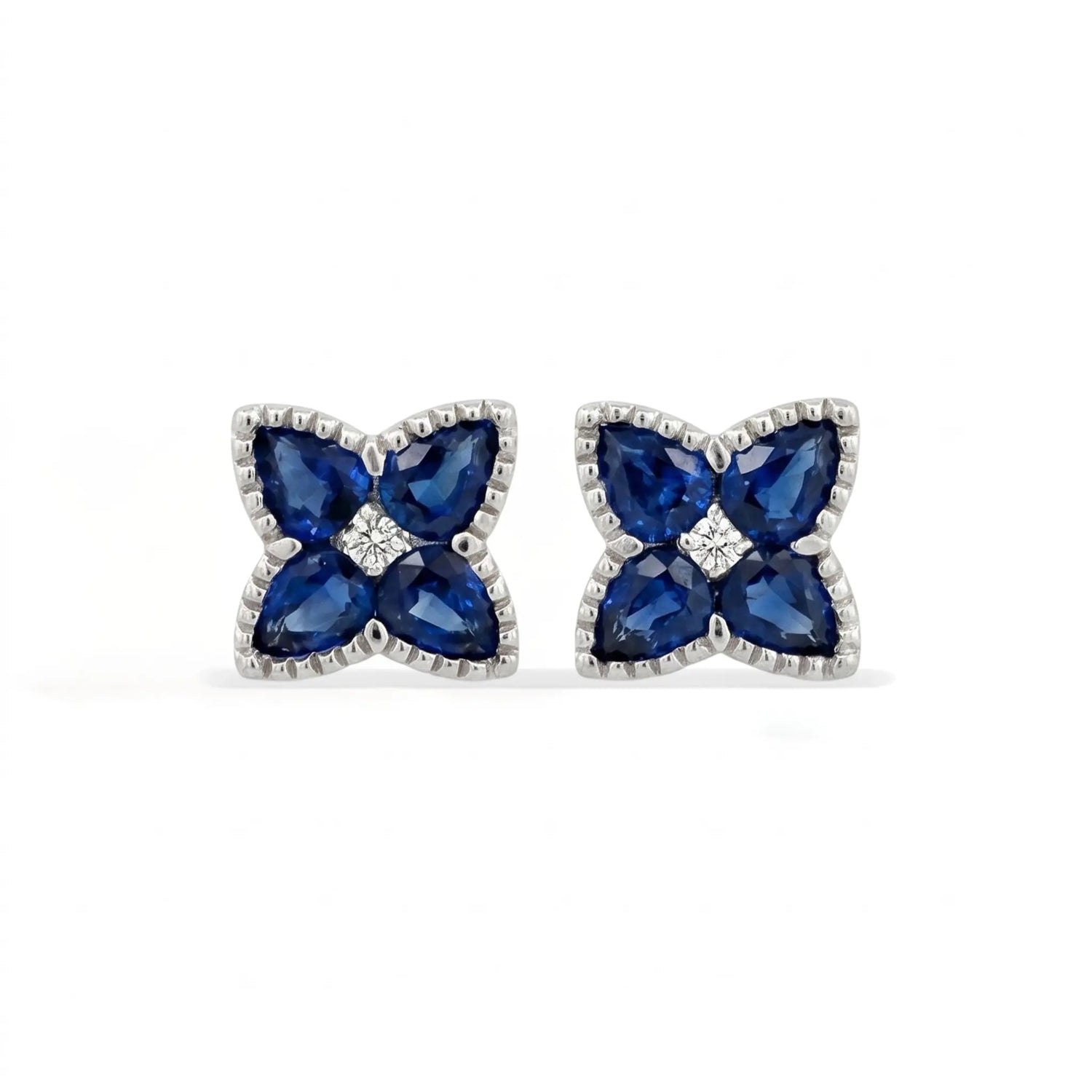 18K White Gold Sapphire & Diamond Floral Stud Earrings – 2.08ctw