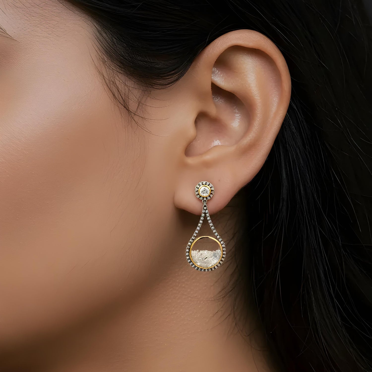 18K Yellow Gold Palladium Diamond Shaker Drop Earrings