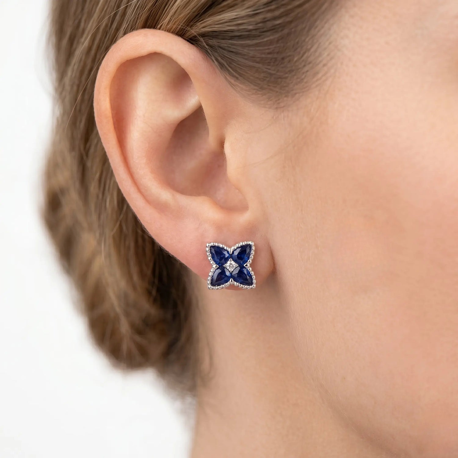 18K White Gold Sapphire & Diamond Floral Stud Earrings – 2.08ctw