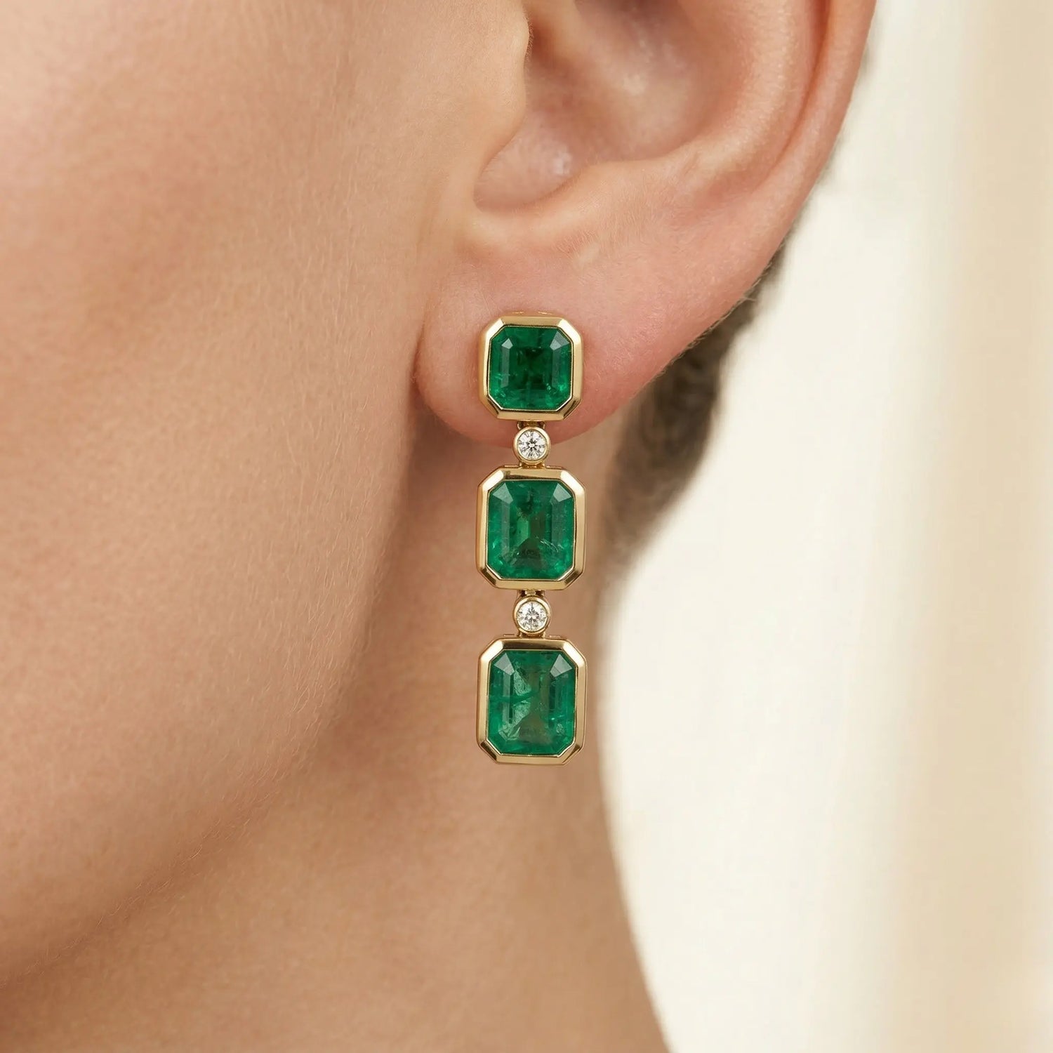 18K Yellow Gold Emerald Diamond Linear Drop Earrings
