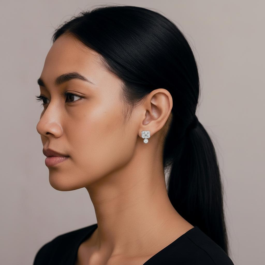 Woman wearing earrings with a neutral background