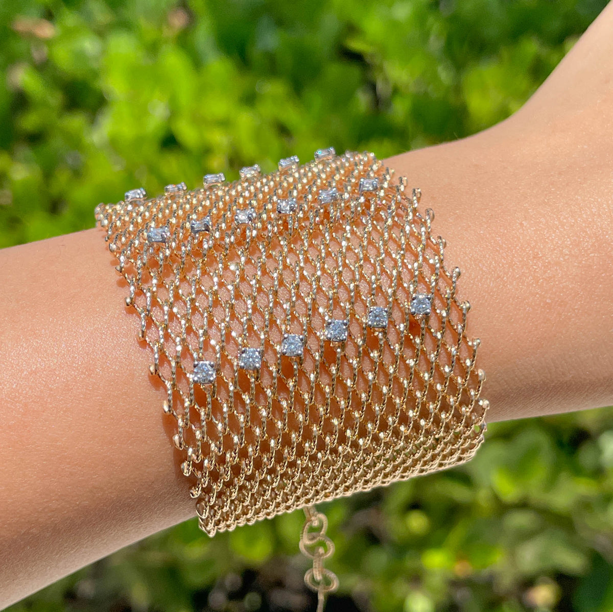 JAY FEDER 14K YELLOW GOLD DIAMOND MESH WIDE BRACELET