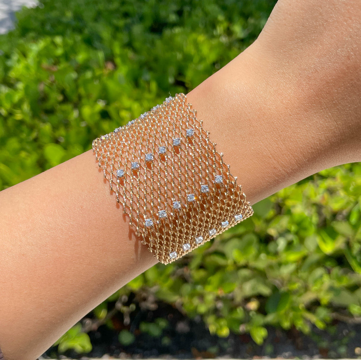 JAY FEDER 14K YELLOW GOLD DIAMOND MESH WIDE BRACELET