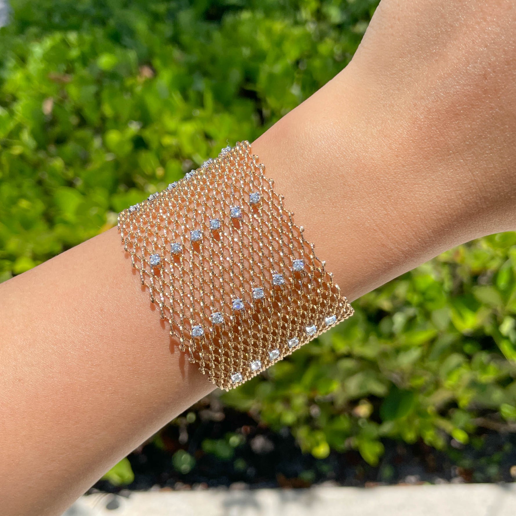 JAY FEDER 14K YELLOW GOLD DIAMOND MESH WIDE BRACELET