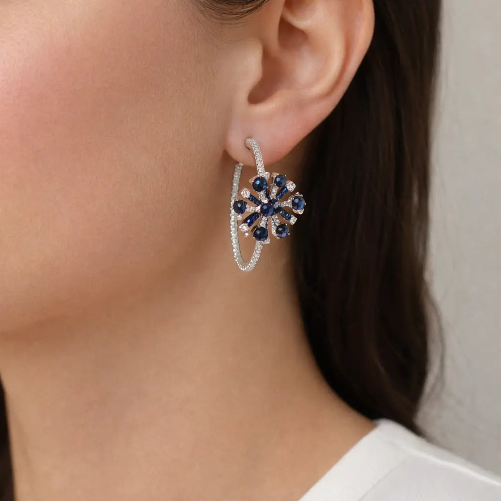 18k White Gold Sapphire Diamond Floral Hoop Earrings