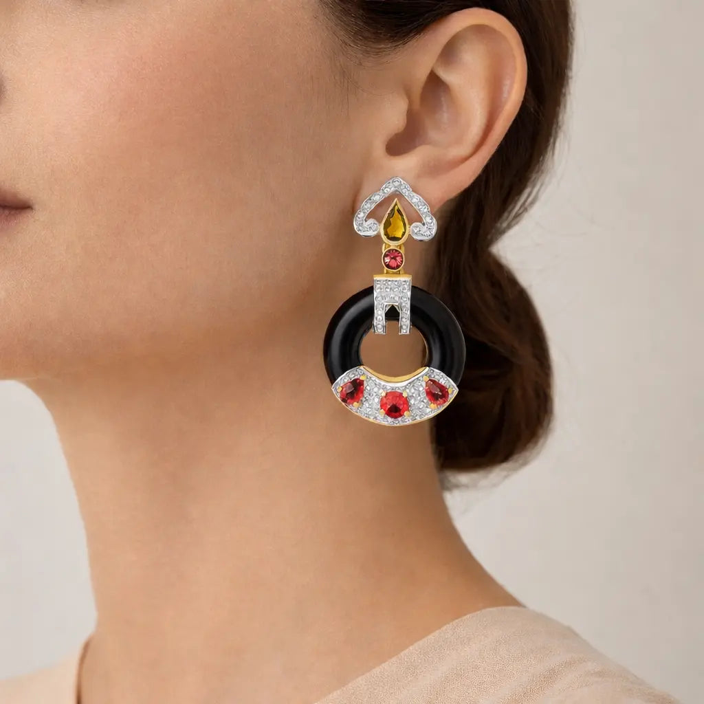 18K Yellow Gold Diamond Pink Tourmaline Onyx Earrings - Jay Feder Jewelers