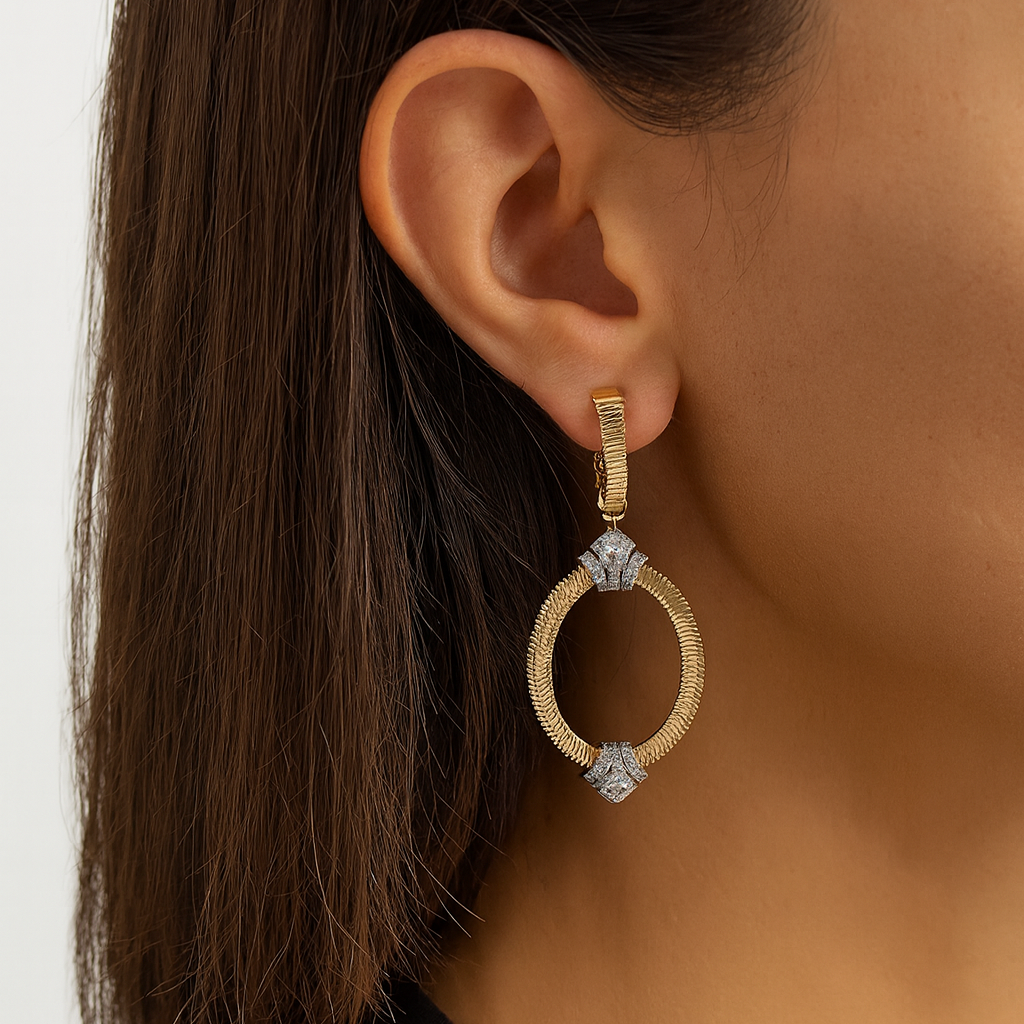 14K Yellow Gold Textured Open Oval Diamond Drop Earrings – 1.10 CTW