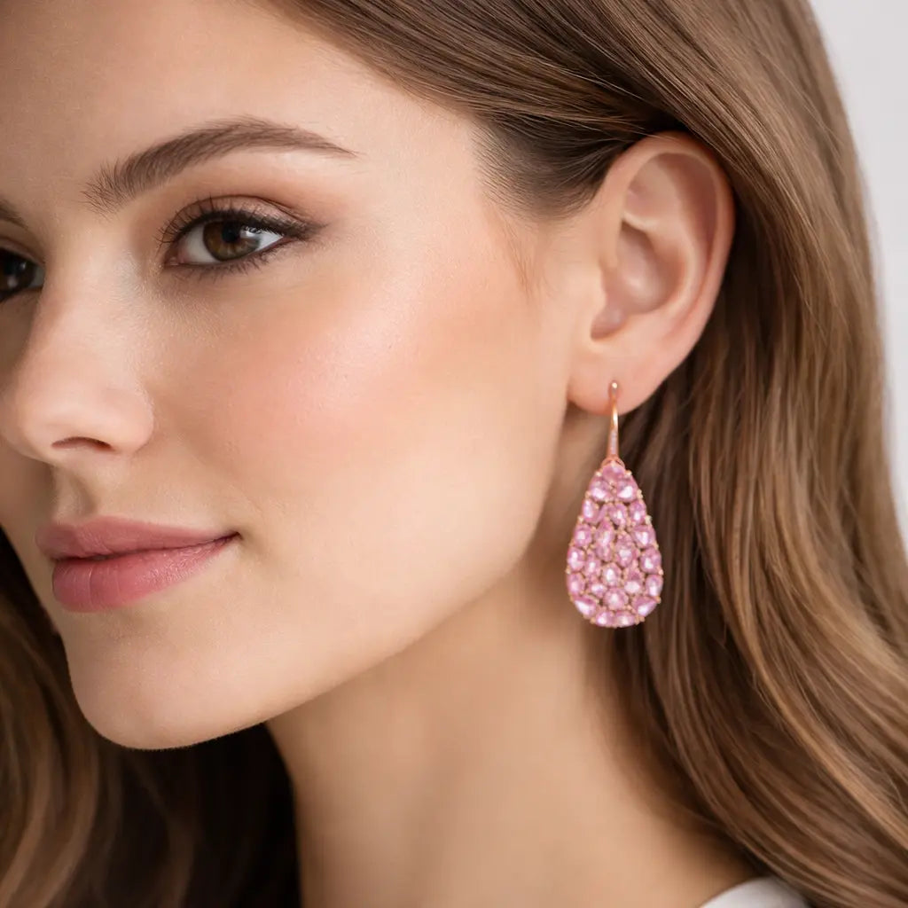 18k Rose Gold Pink Sapphire Diamond Drop Dangle Earrings