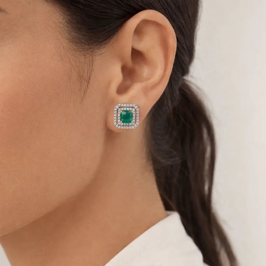 18k Two Tone Gold Emerald Diamond Square Stud Earrings - Jay Feder Jewelers