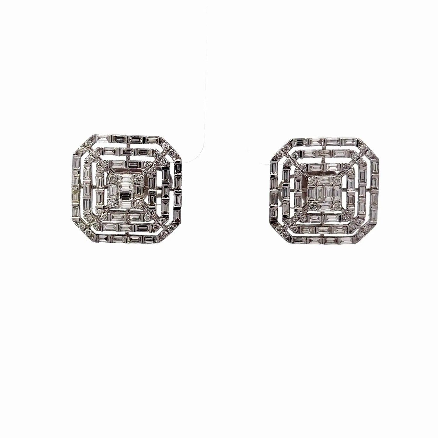 18k White Gold Diamond Square Baguette Cluster Stud Earrings