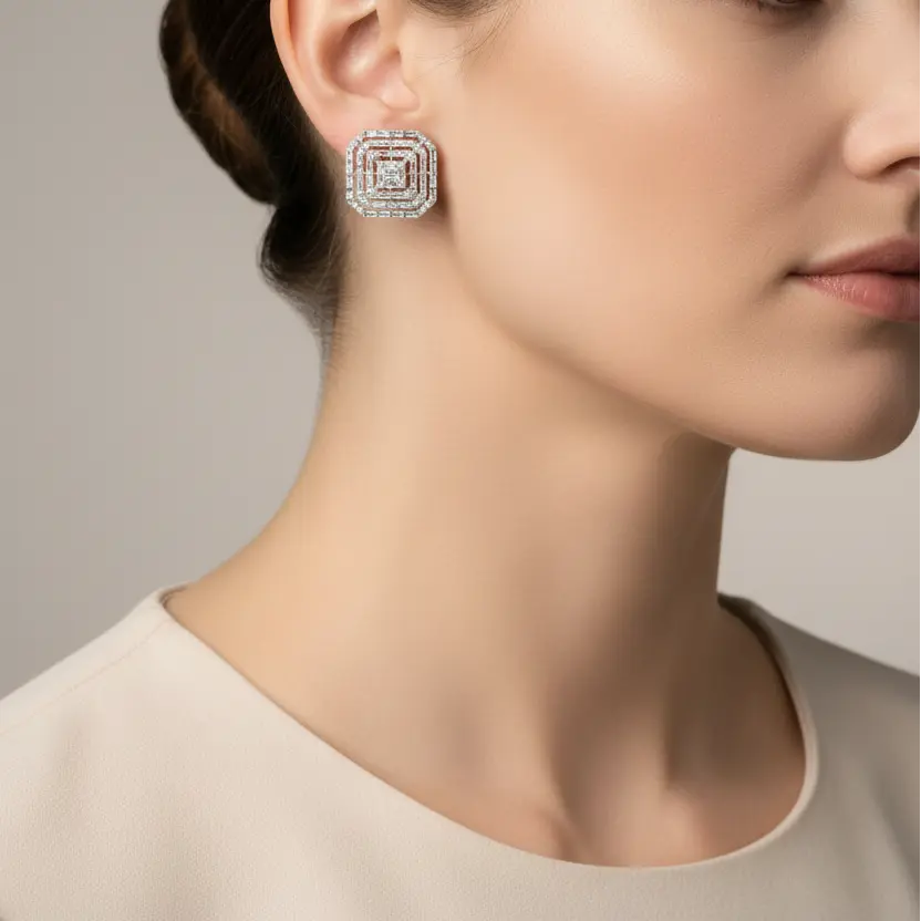 18k White Gold Diamond Square Baguette Cluster Stud Earrings - Jay Feder Jewelers