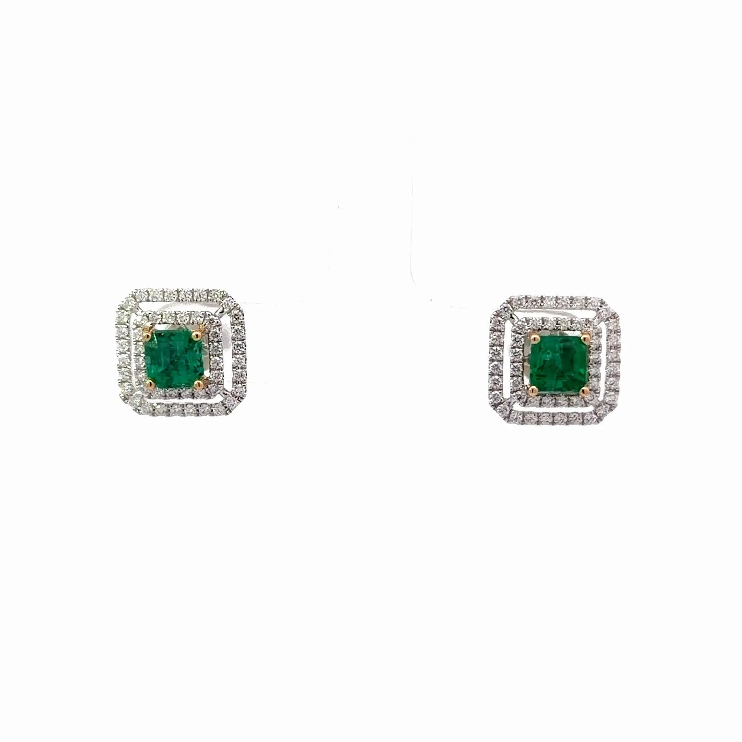 18k Two Tone Gold Emerald Diamond Square Stud Earrings - Jay Feder Jewelers