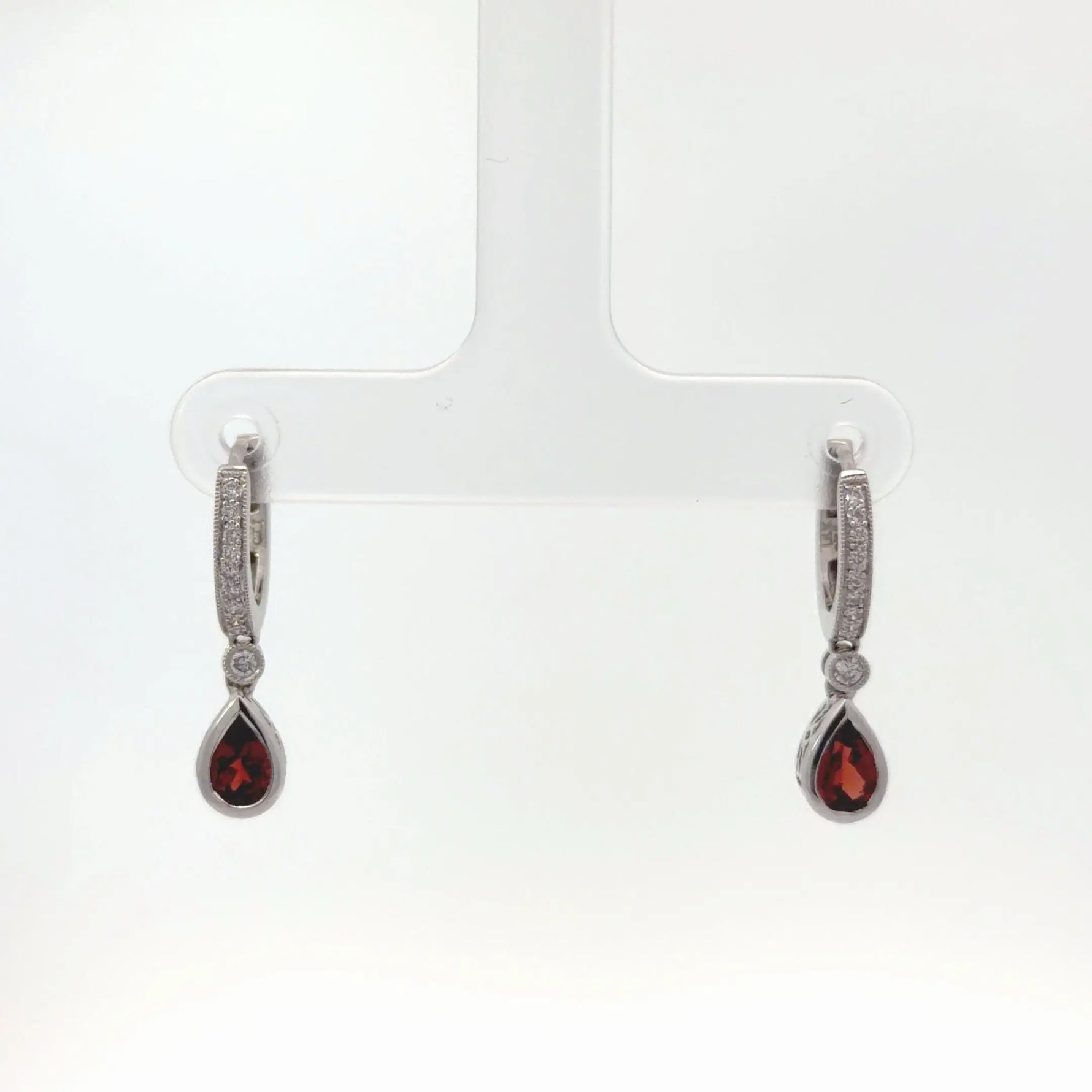 14k White Gold Garnet and Diamond Milgrain Drop Earrings - Jay Feder Jewelers