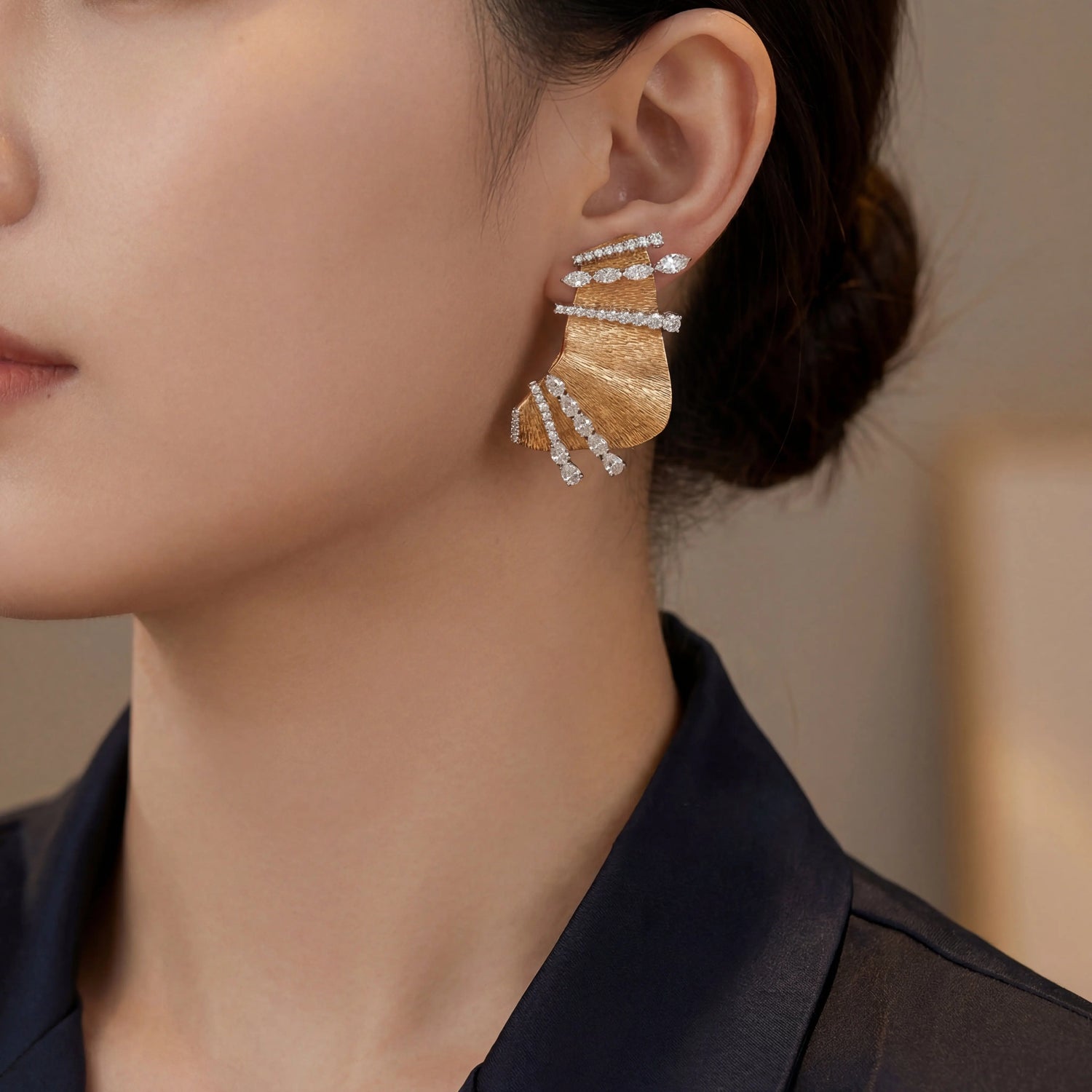 18k Yellow Gold Diamond Wave Statement Earrings