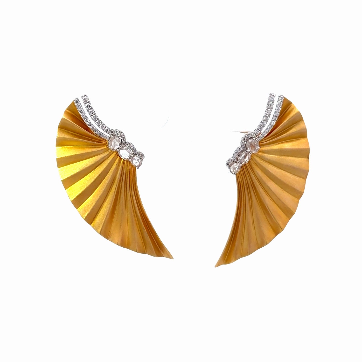 18K Two Tone Gold Diamond Fan Earrings