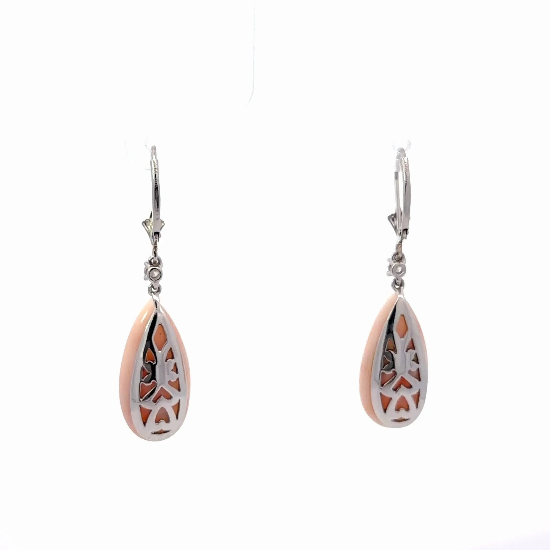 14k White Gold Pink Coral and Diamond Drop Earrings - Jay Feder Jewelers