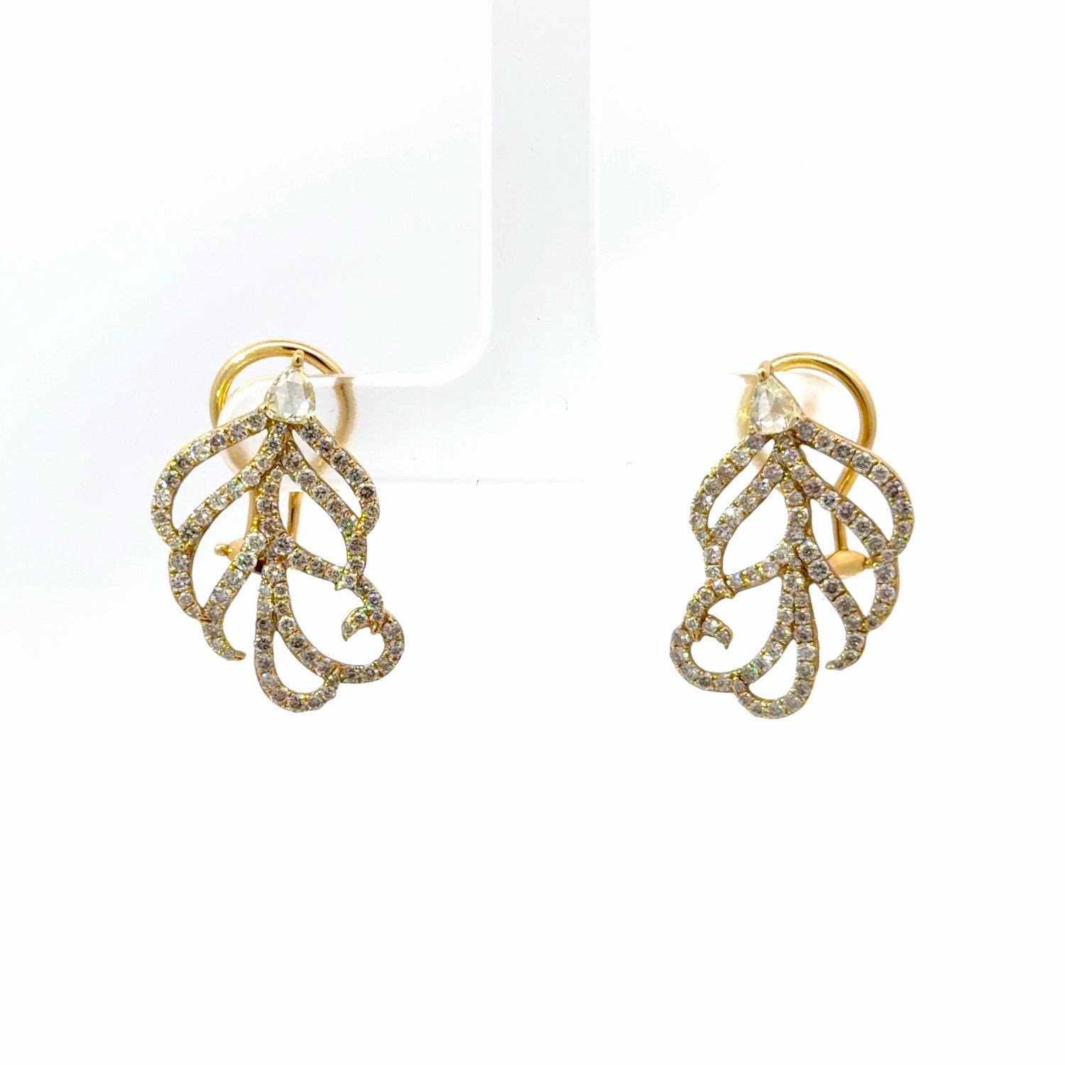 18K Yellow Gold Diamond Feather Earrings