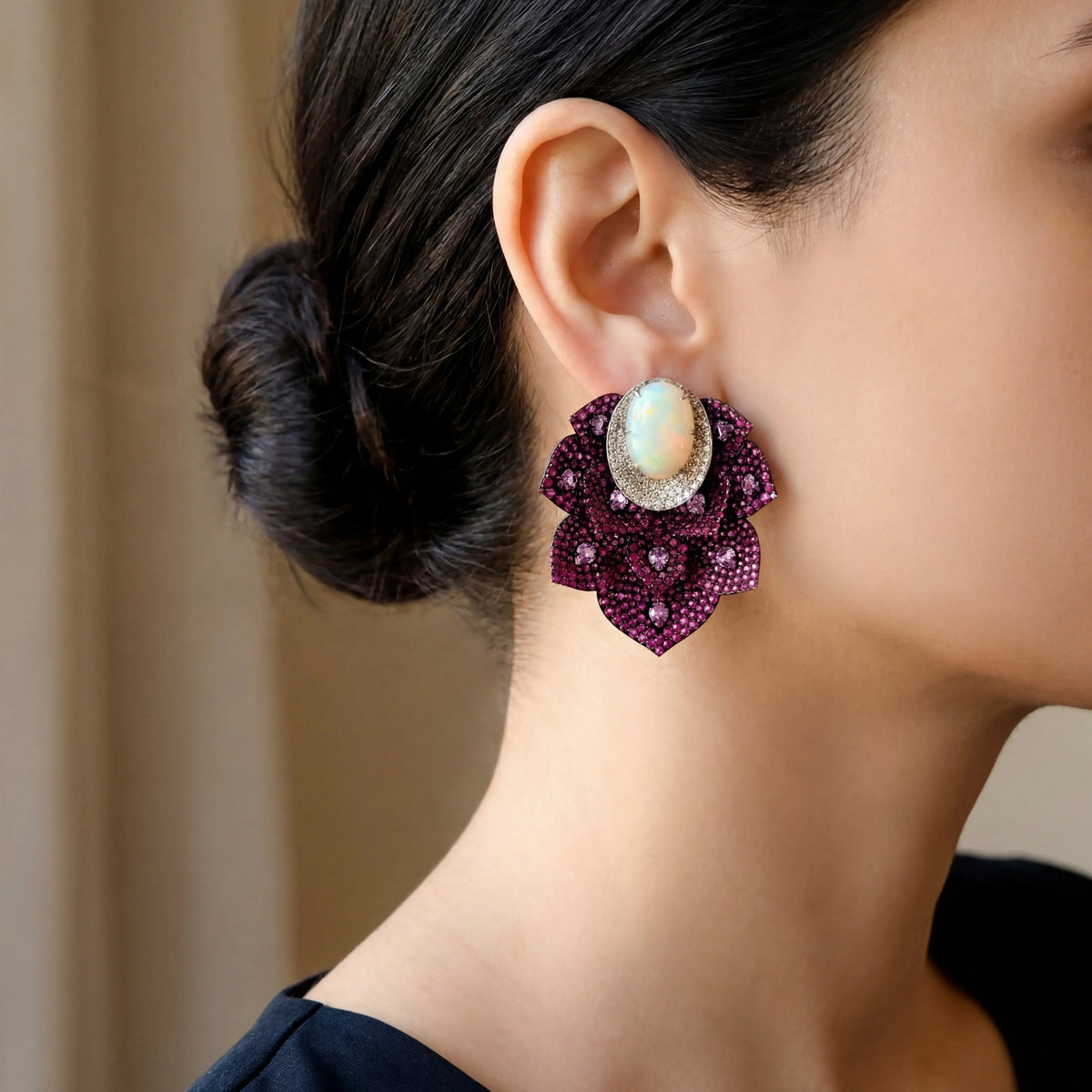 18K White Gold Kashmir Opal Ruby Statement Earrings - Jay Feder Jewelers