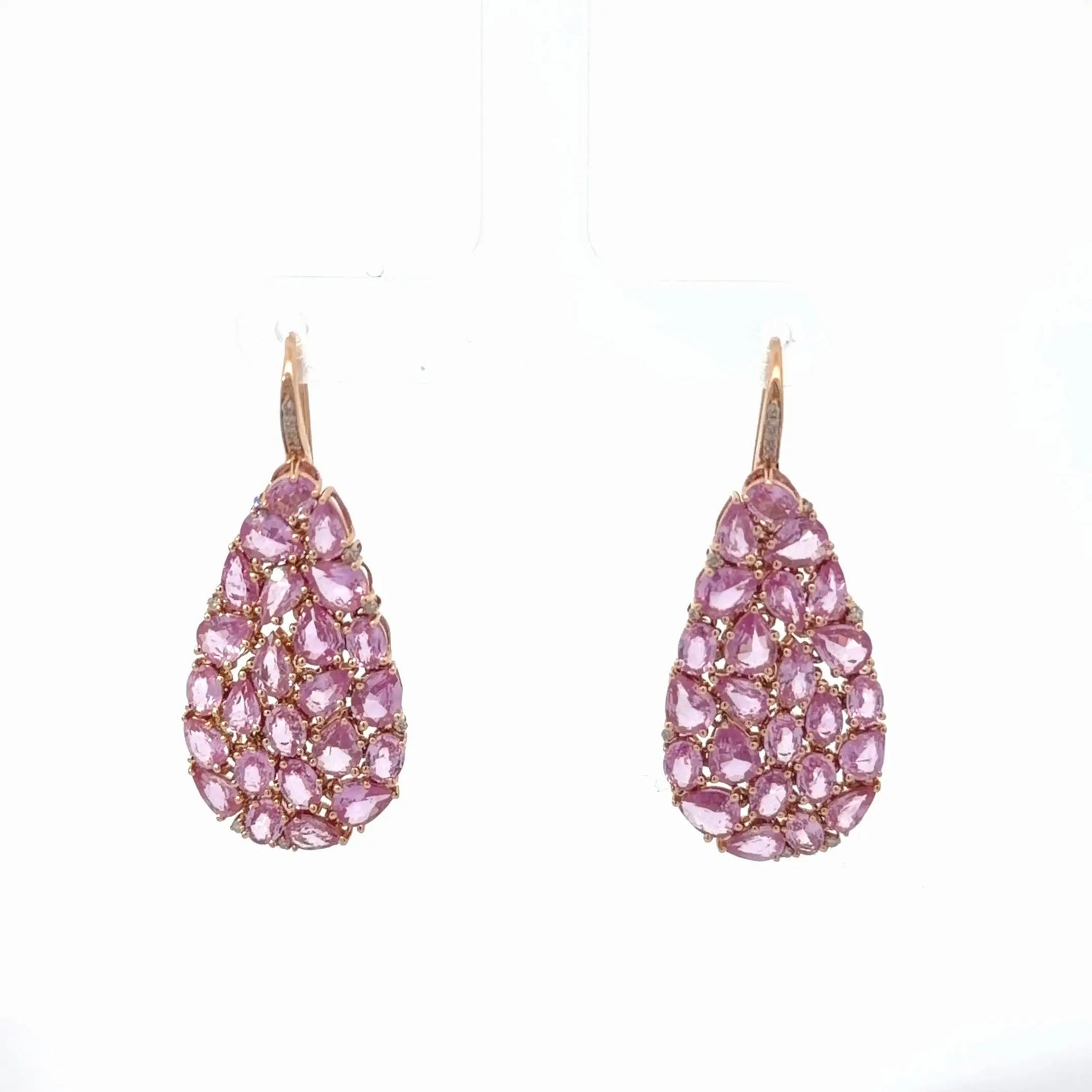 18k Rose Gold Pink Sapphire Diamond Drop Dangle Earrings