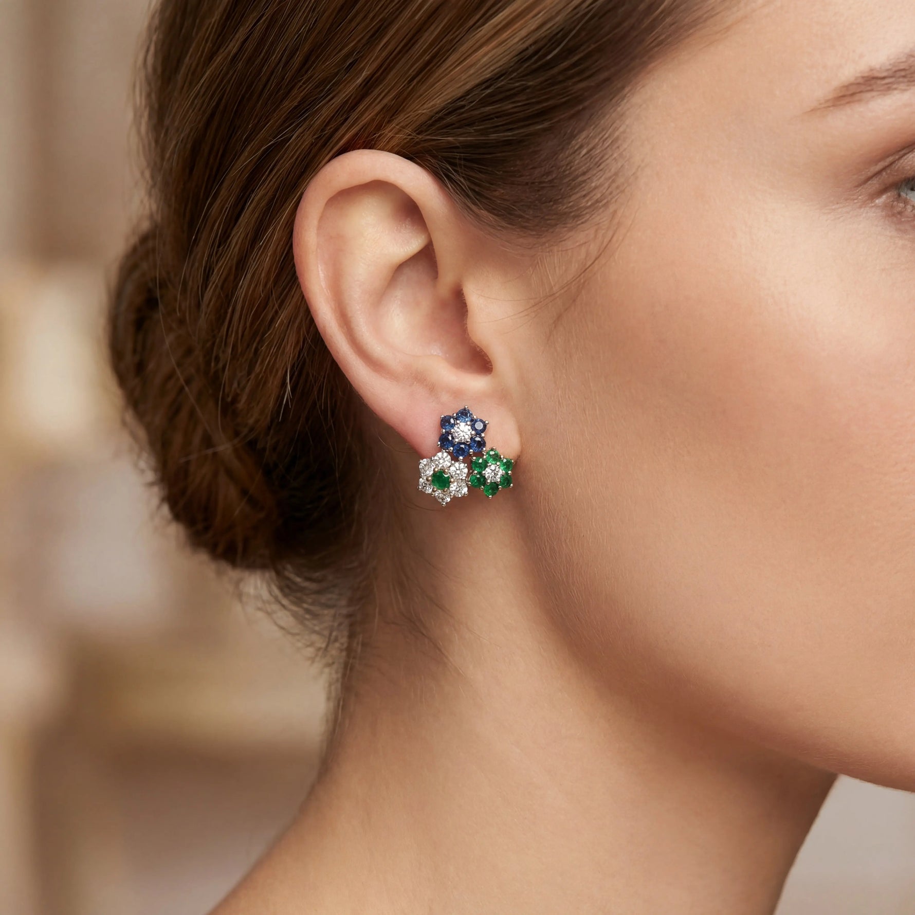 18k Two Tone Gold Diamond Sapphire Emerald Flower Earrings - Jay Feder Jewelers