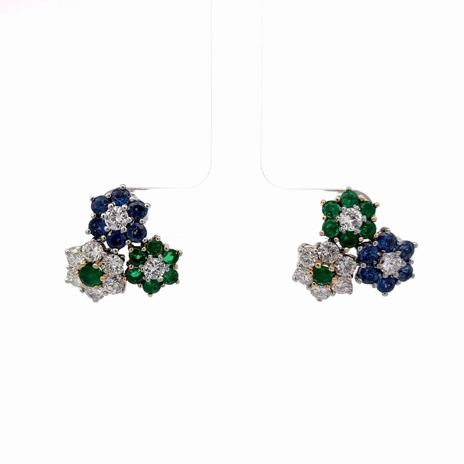 18k Two Tone Gold Diamond Sapphire Emerald Flower Earrings
