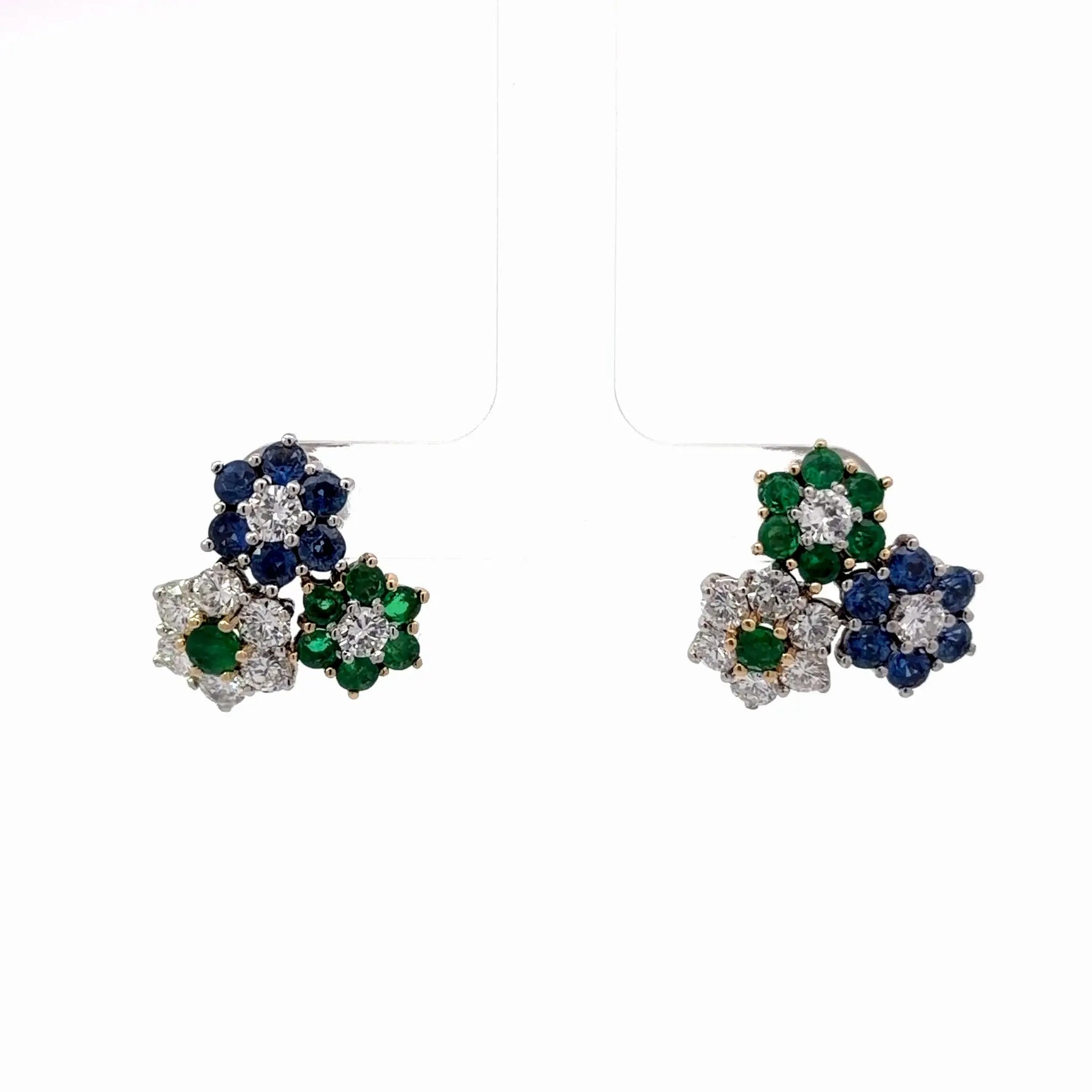 18k Two Tone Gold Diamond Sapphire Emerald Flower Earrings - Jay Feder Jewelers