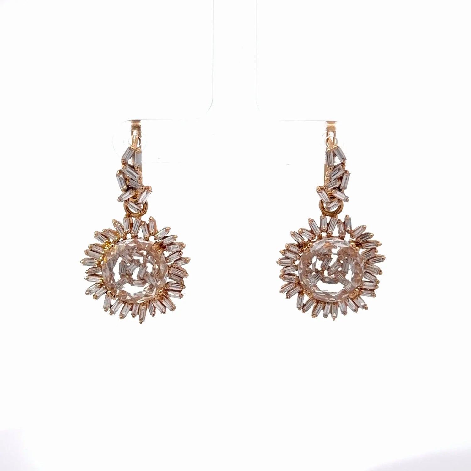 18k Rose Gold Diamond White Topaz Circle Drop Earrings