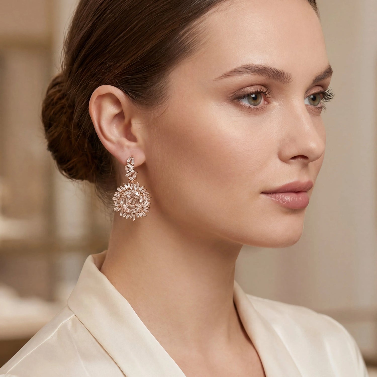 18k Rose Gold Diamond White Topaz Circle Drop Earrings