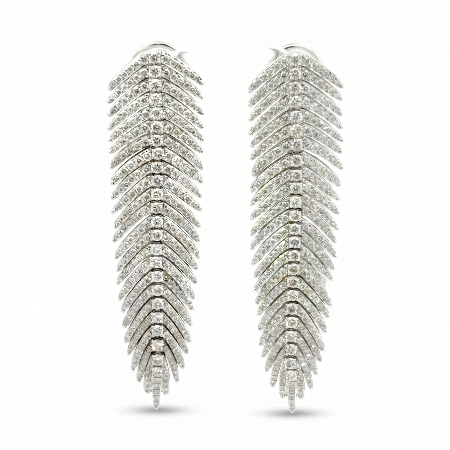 18K White Gold Diamond Feather Dangle Earrings – 4.76ctw