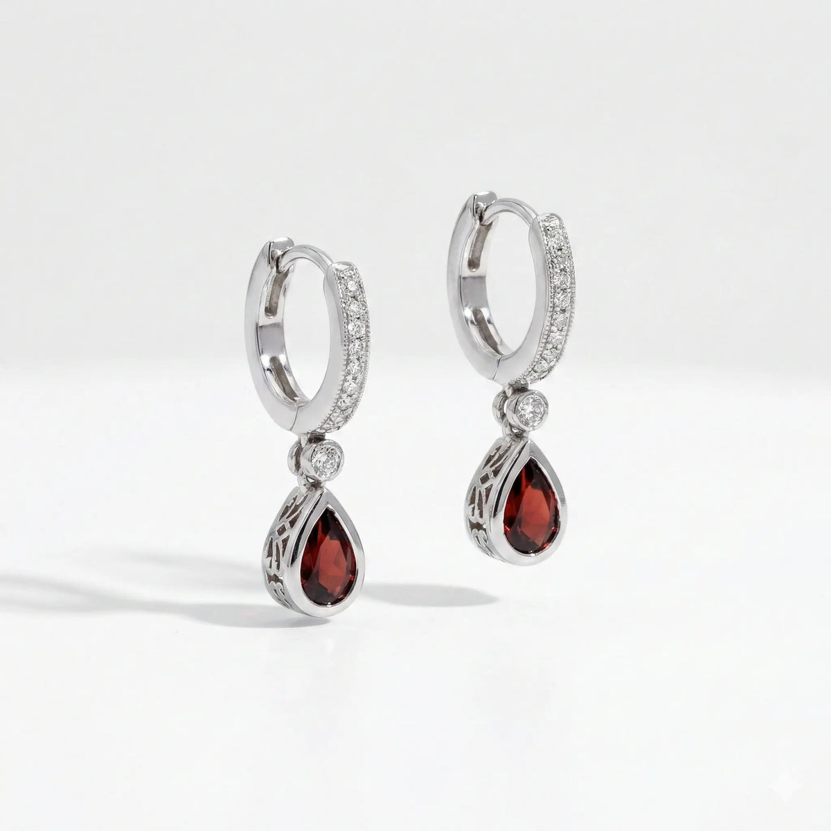 14k White Gold Garnet and Diamond Milgrain Drop Earrings - Jay Feder Jewelers