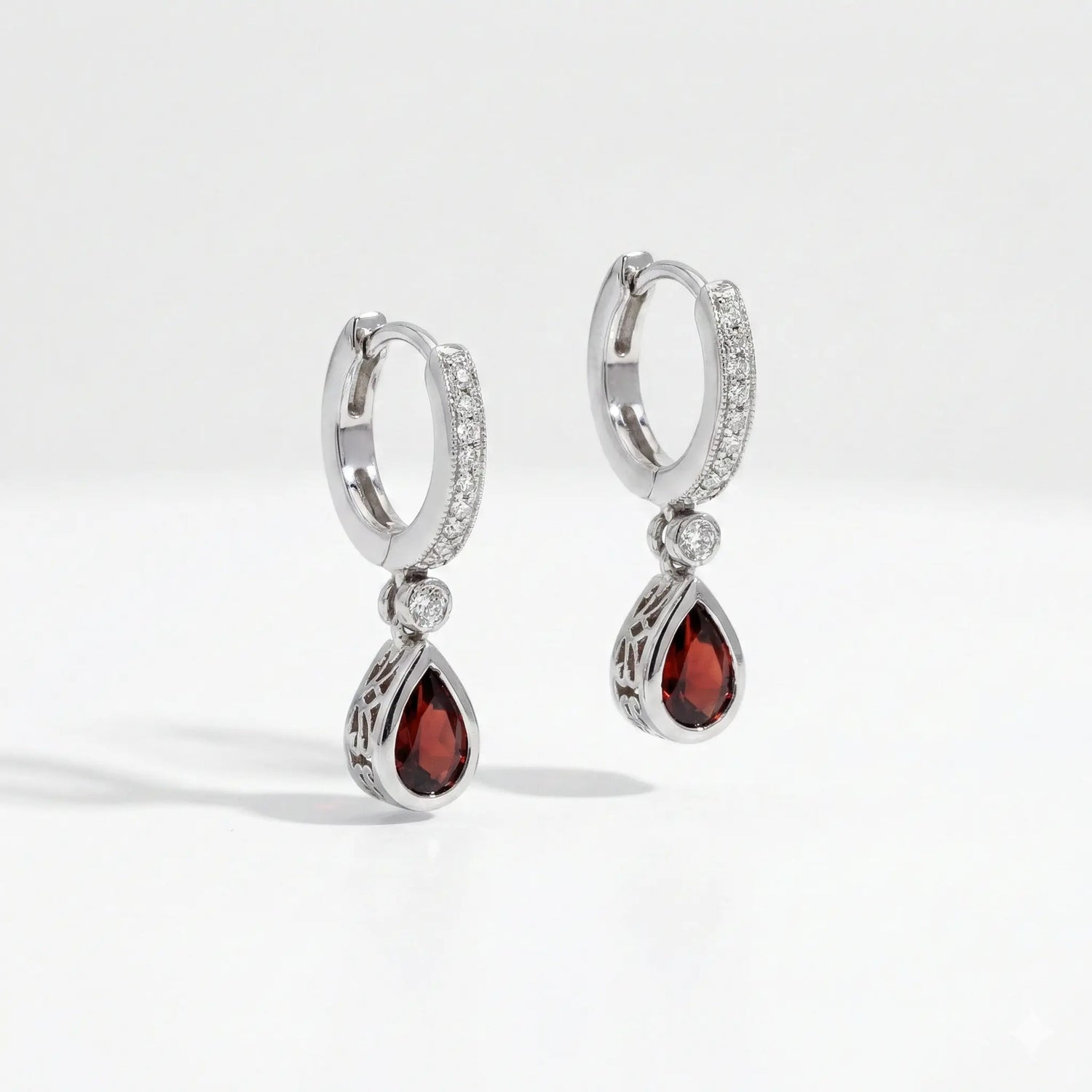 14k White Gold Garnet and Diamond Milgrain Drop Earrings - Jay Feder Jewelers