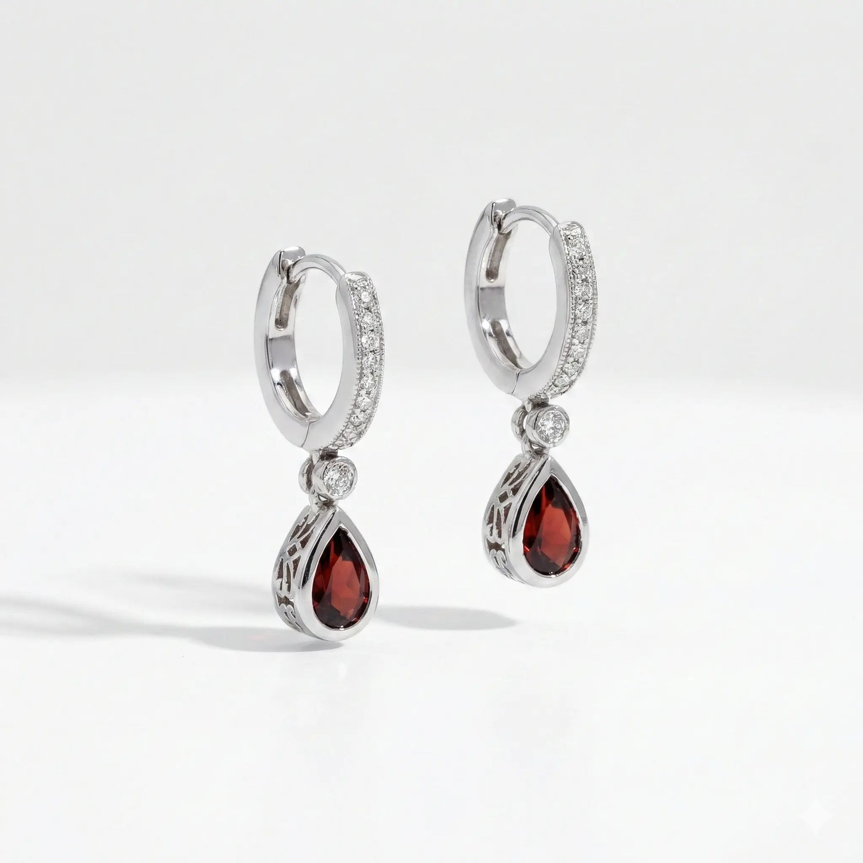 14k White Gold Garnet and Diamond Milgrain Drop Earrings - Jay Feder Jewelers