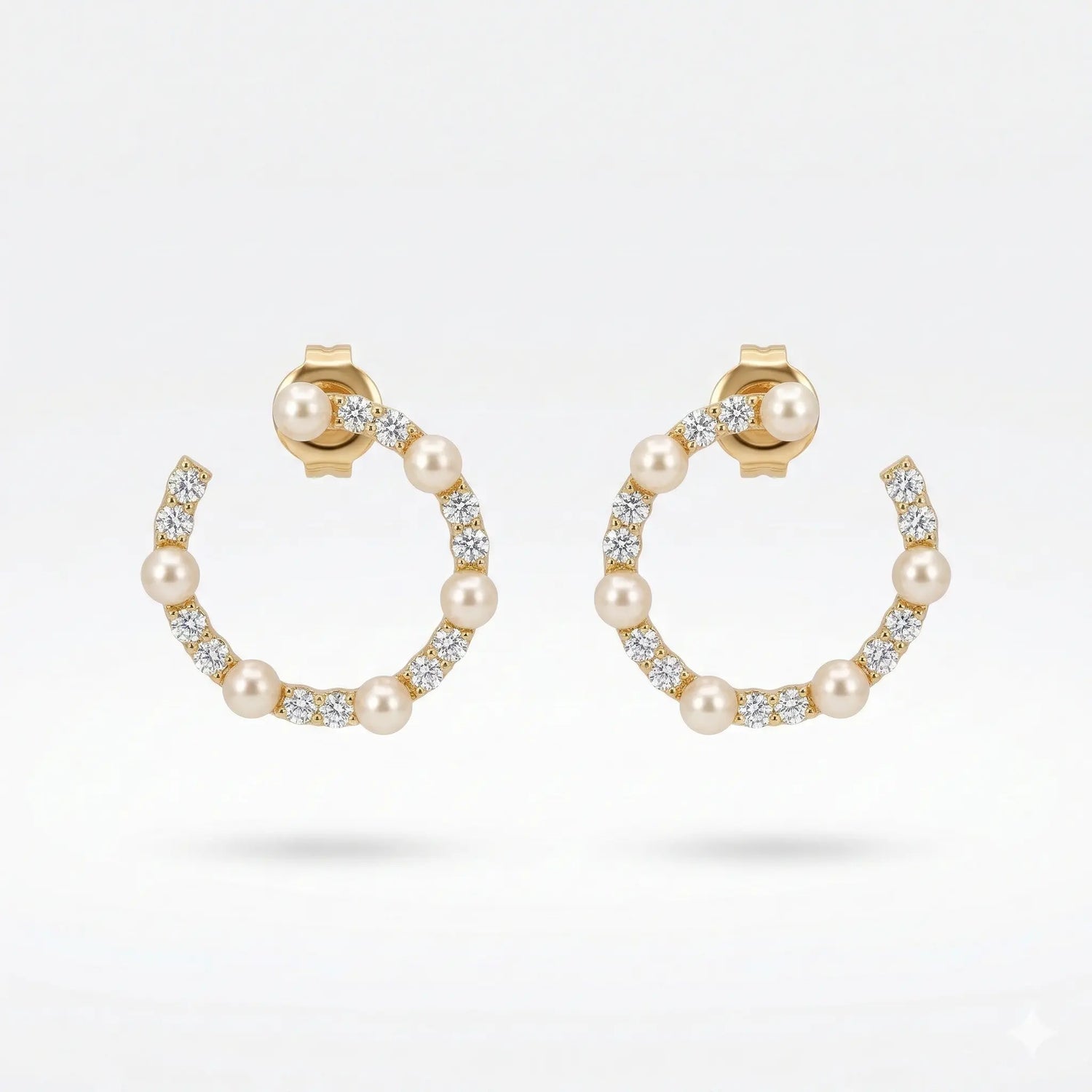 14K Yellow Gold Diamond & Pearl C-Shape Earrings