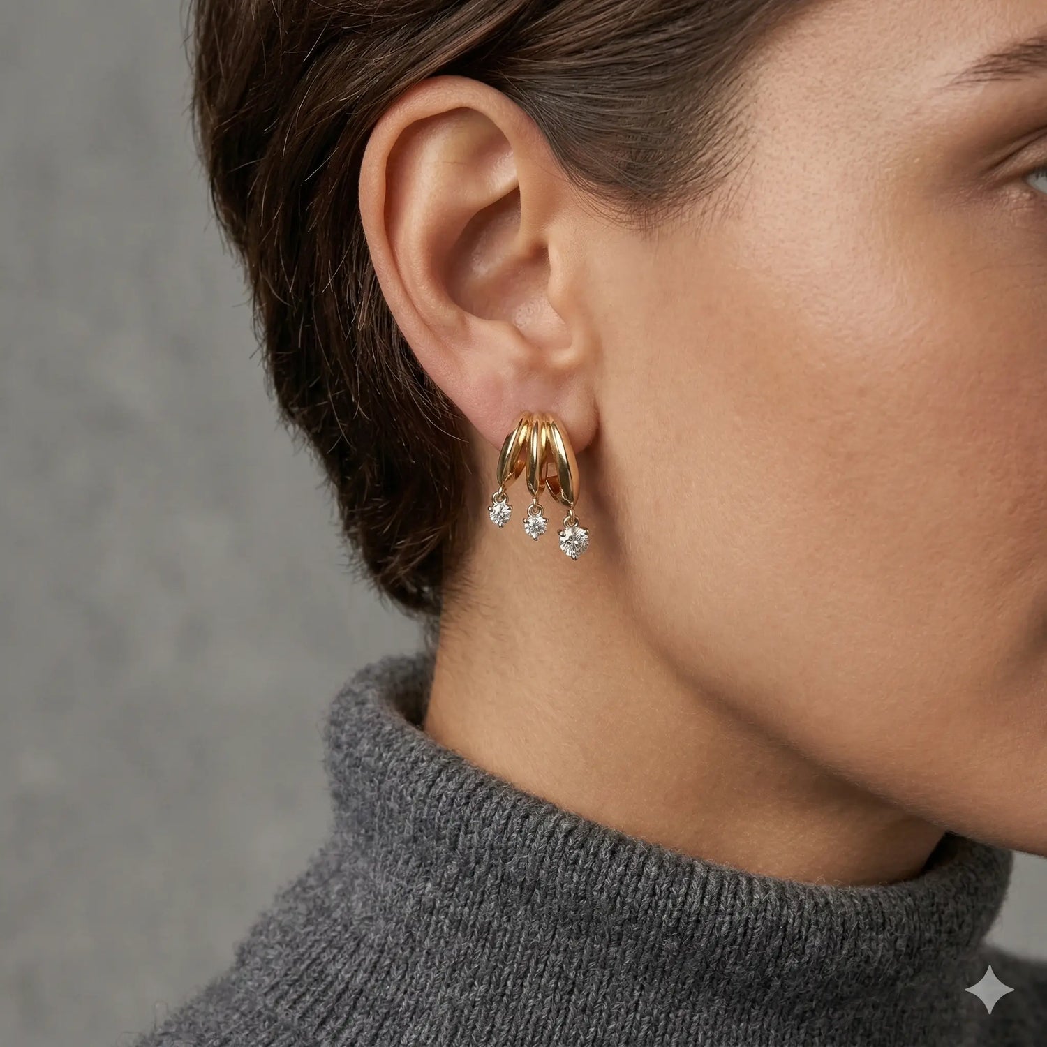 14K Yellow Gold Triple Huggie Diamond Drop Earrings