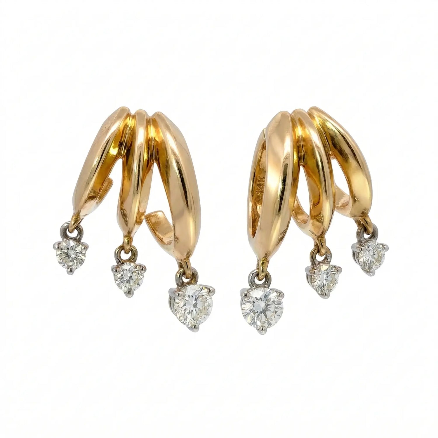 14K Yellow Gold Triple Huggie Diamond Drop Earrings