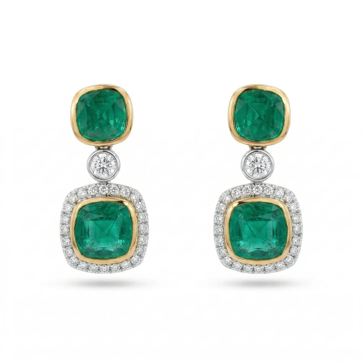 18K Two-Tone Gold Sugarloaf Emerald Diamond Drop Earrings