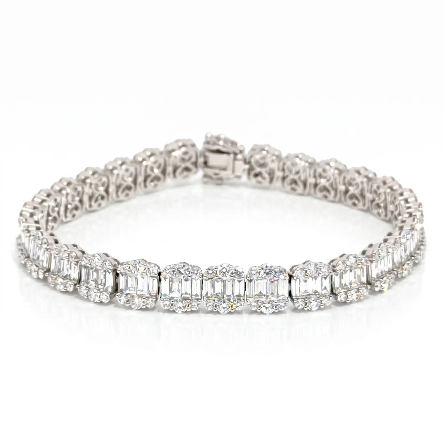 18K White Gold Diamond Cluster Halo Tennis Bracelet – 10.18ctw