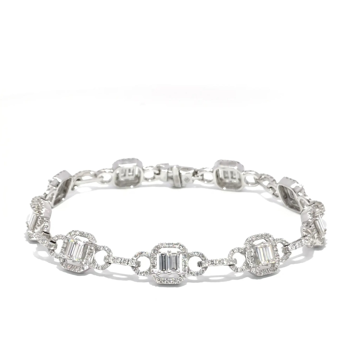 18K White Gold Baguette & Round Diamond Halo Tennis Bracelet – 2.46ctw