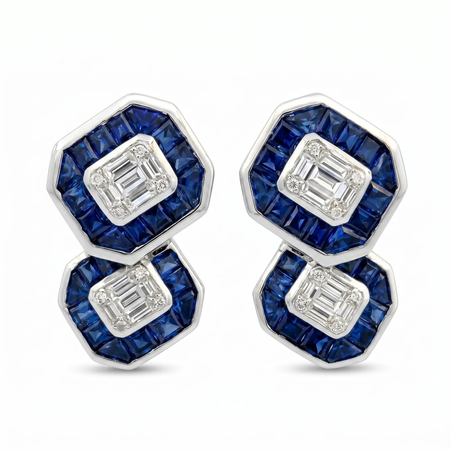 14K White Gold Sapphire & Diamond Double Halo Stud Earrings – 3.80ctw