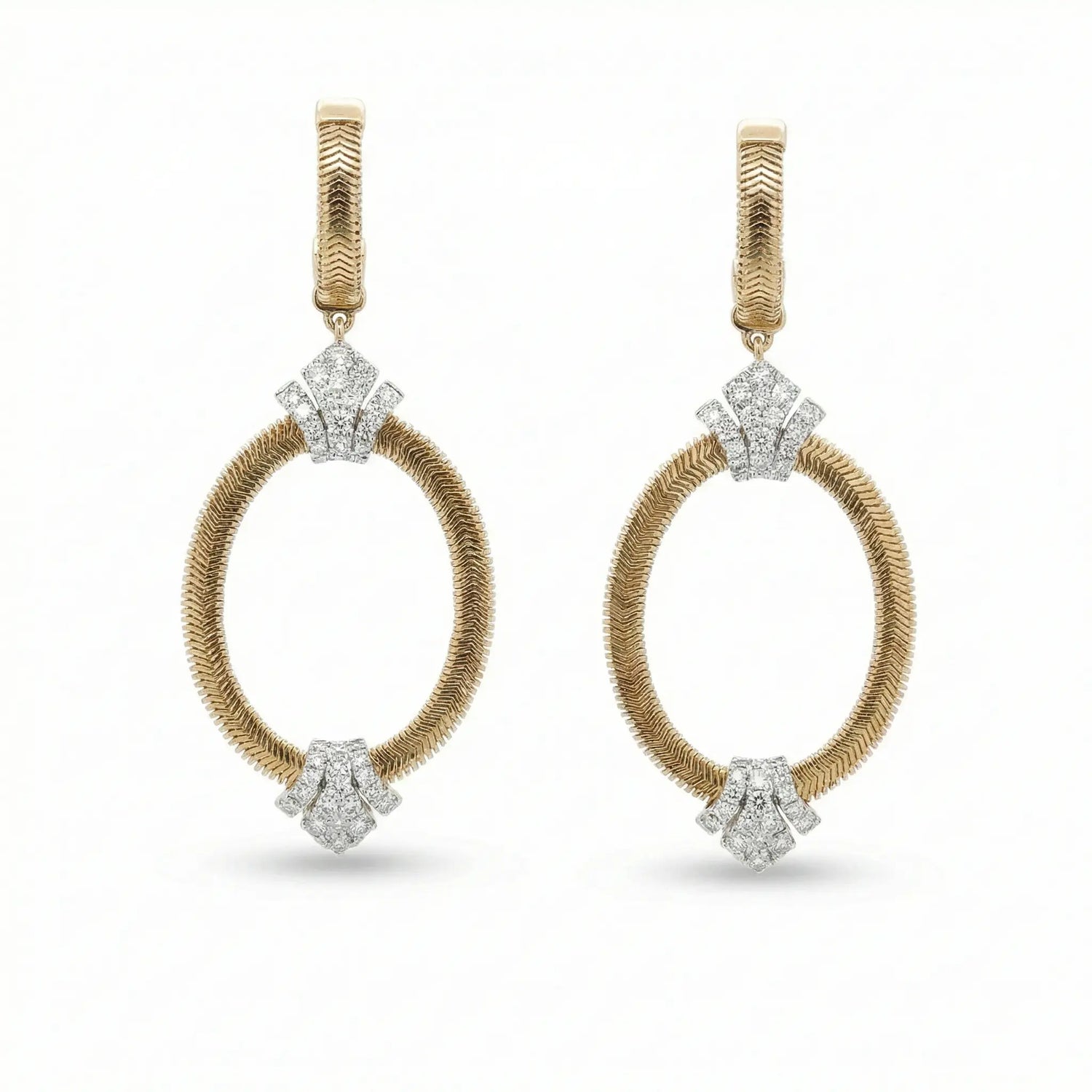 14K Yellow Gold Textured Open Oval Diamond Drop Earrings – 1.10 CTW