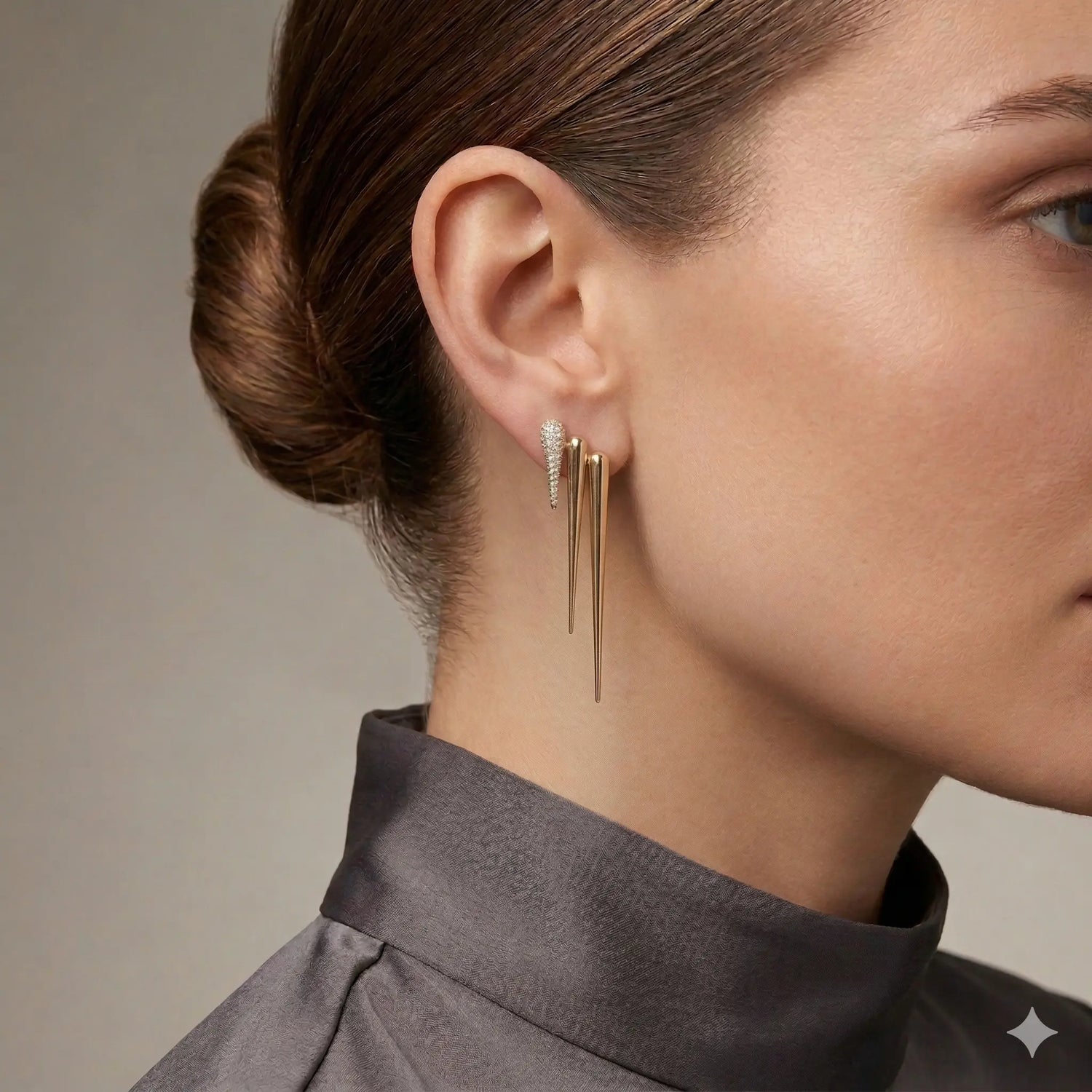 14K Yellow Gold Diamond Pave Triple Spike Earrings