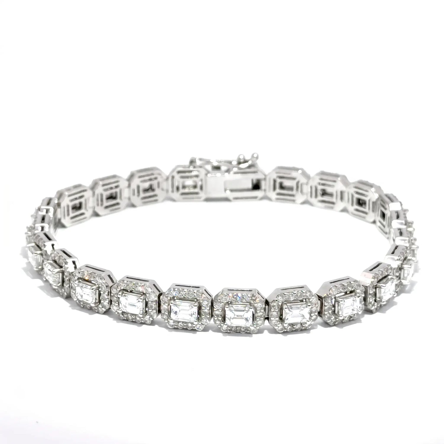 14K White Gold Emerald Cut Diamond Halo Tennis Bracelet – 7.40ctw