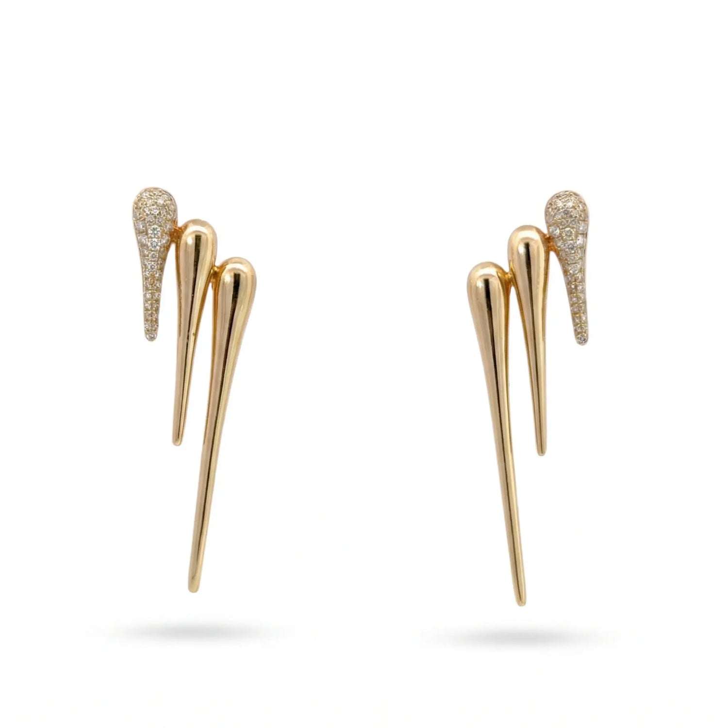 14K Yellow Gold Diamond Pave Triple Spike Earrings