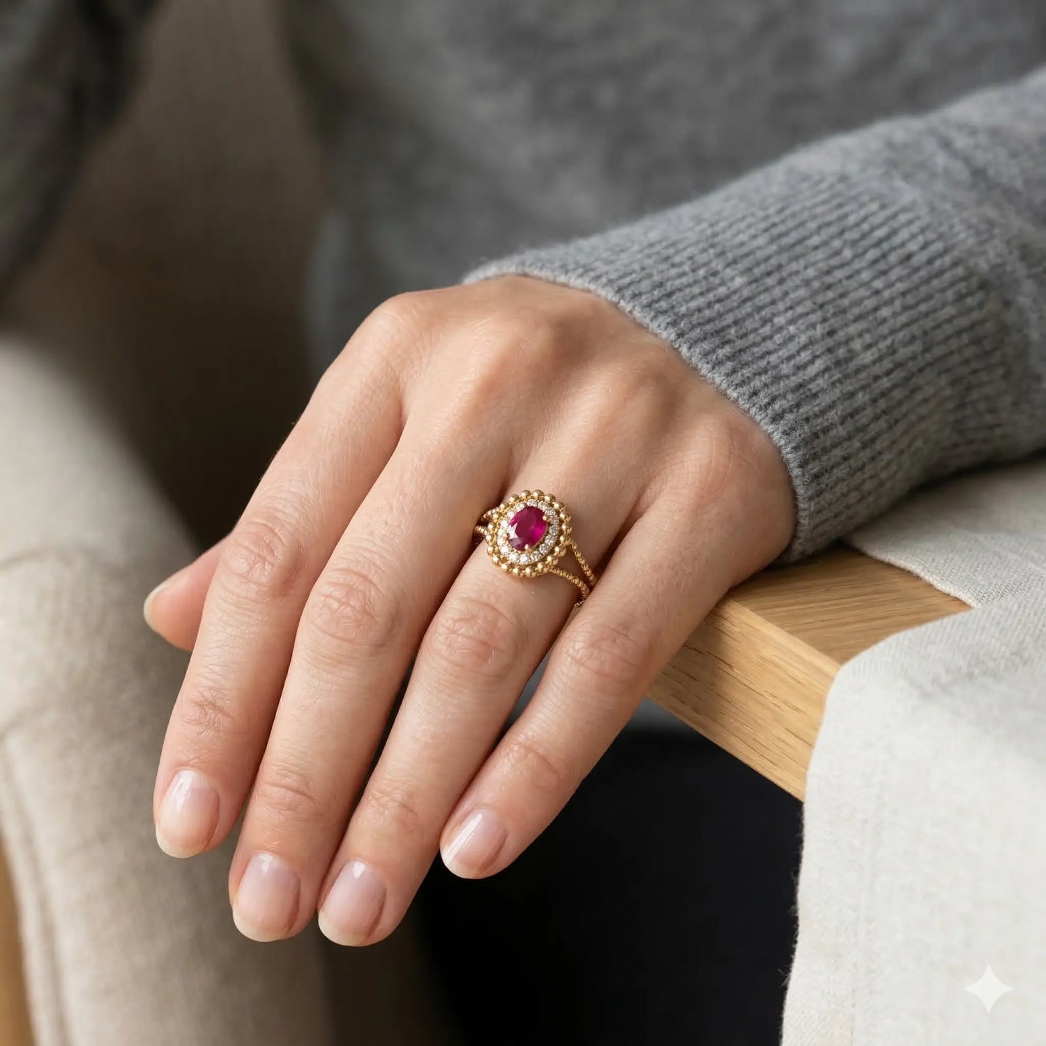 14K Yellow Gold Ruby Diamond Halo Ring