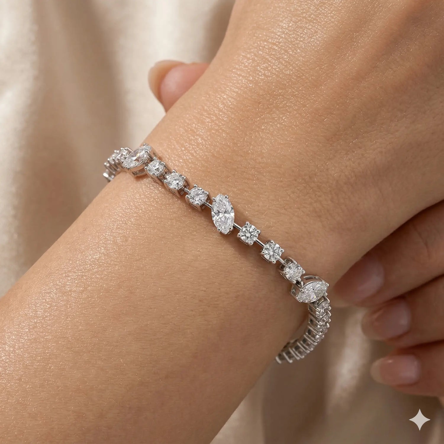 14K White Gold Oval and Round Diamond Tennis Bracelet