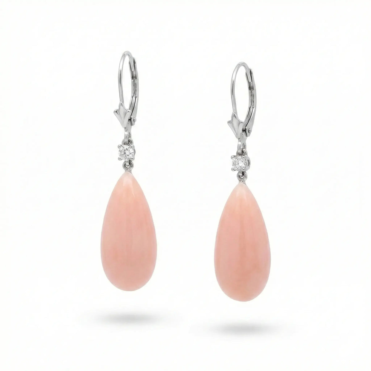 14k White Gold Pink Coral and Diamond Drop Earrings - Jay Feder Jewelers