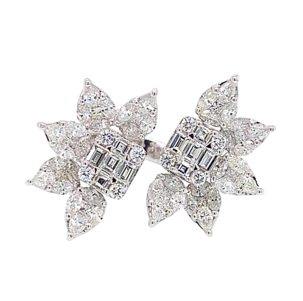 JAY FEDER 18K WHITE GOLD DIAMOND CLUSTER DOUBLE FLOWER OPEN RING 