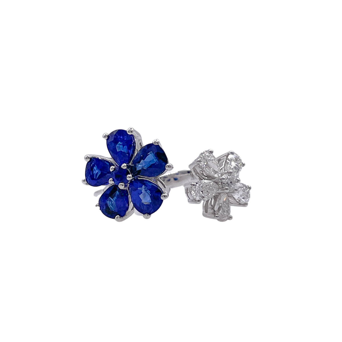 Jay Feder 18k White Gold Diamond Sapphire Flower Cluster Crossover Ring